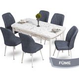 Canisa Concept Mun Serisi, 80X132 Açılabilir Mdf Beyaz Mermer Desen Mutfak Masası Takımı 6 Sandalye - 80 x 132 cm - Füme