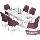 Canisa Concept Mun Serisi, 80X132 Açılabilir Mdf Beyaz Mermer Desen Mutfak Masası Takımı 6 Sandalye - 80 x 132 cm - Gülkurusu