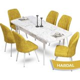 Canisa Concept Mun Serisi, 80X132 Açılabilir Mdf Beyaz Mermer Desen Mutfak Masası Takımı 6 Sandalye - 80 x 132 cm - Hardal