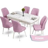 Canisa Concept Mun Serisi, 80X132 Açılabilir Mdf Beyaz Mermer Desen Mutfak Masası Takımı 6 Sandalye - 80 x 132 cm - Pembe