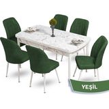 Canisa Concept Mun Serisi, 80X132 Açılabilir Mdf Beyaz Mermer Desen Mutfak Masası Takımı 6 Sandalye - 80 x 132 cm - Yeşil