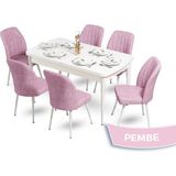 Canisa Concept Mun Serisi 80X132 Açılabilir Mdf Beyaz Mutfak Masası Takımı 6 Sandalye - 80 x 132 cm - Pembe