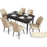 Canisa Concept Mun Serisi, 80X132 Açılabilir Mdf Siyah Mermer Desen Mutfak Masası Takımı 6 Sandalye - 80 x 132 cm