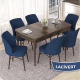 Canisa Concept Nef Serisi 70X114 Açılabilir Mdf Barok Ahşap Desen Mutfak Masa Takımı 6 Sandalye - Lacivert