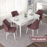 Canisa Concept Nef Serisi 70X114 Açılabilir Mdf Beyaz Mermer Desen Mutfak Masa Takımı 4 Sandalye - Gülkurusu