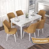 Canisa Concept Nef Serisi 70X114 Açılabilir Mdf Beyaz Mermer Desen Mutfak Masa Takımı 6 Sandalye - Cappucino