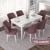 Canisa Concept Nef Serisi 70X114 Açılabilir Mdf Beyaz Mermer Desen Mutfak Masa Takımı 6 Sandalye - Gülkurusu
