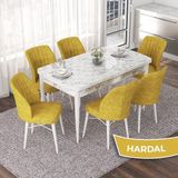 Canisa Concept Nef Serisi 70X114 Açılabilir Mdf Beyaz Mermer Desen Mutfak Masa Takımı 6 Sandalye - Hardal