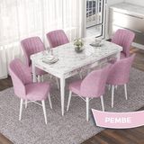 Canisa Concept Nef Serisi 70X114 Açılabilir Mdf Beyaz Mermer Desen Mutfak Masa Takımı 6 Sandalye - Pembe