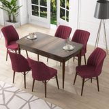 Canisa Concept Nef Serisi 70X114, Açılabilir Mdf Mutfak Masa Takımı, Barok Ahşap Desen Masa ve 6 Sandalye - Bordo