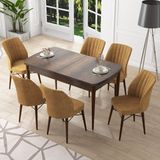 Canisa Concept Nef Serisi 70X114, Açılabilir Mdf Mutfak Masa Takımı, Barok Ahşap Desen Masa ve 6 Sandalye - Cappuccino