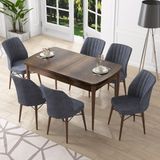 Canisa Concept Nef Serisi 70X114, Açılabilir Mdf Mutfak Masa Takımı, Barok Ahşap Desen Masa ve 6 Sandalye - Füme