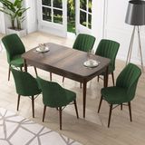 Canisa Concept Nef Serisi 70X114, Açılabilir Mdf Mutfak Masa Takımı, Barok Ahşap Desen Masa ve 6 Sandalye - Haki Yeşili