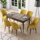 Canisa Concept Nef Serisi 70X114, Açılabilir Mdf Mutfak Masa Takımı, Barok Ahşap Desen Masa ve 6 Sandalye - Hardal