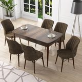 Canisa Concept Nef Serisi 70X114, Açılabilir Mdf Mutfak Masa Takımı, Barok Ahşap Desen Masa ve 6 Sandalye - Kahverengi