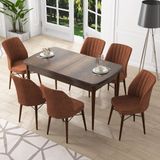 Canisa Concept Nef Serisi 70X114, Açılabilir Mdf Mutfak Masa Takımı, Barok Ahşap Desen Masa ve 6 Sandalye - Kiremit