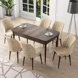 Canisa Concept Nef Serisi 70X114, Açılabilir Mdf Mutfak Masa Takımı, Barok Ahşap Desen Masa ve 6 Sandalye - Krem