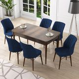 Canisa Concept Nef Serisi 70X114, Açılabilir Mdf Mutfak Masa Takımı, Barok Ahşap Desen Masa ve 6 Sandalye - Lacivert