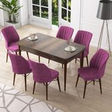 Canisa Concept Nef Serisi 70X114, Açılabilir Mdf Mutfak Masa Takımı, Barok Ahşap Desen Masa ve 6 Sandalye - Mor
