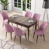Canisa Concept Nef Serisi 70X114, Açılabilir Mdf Mutfak Masa Takımı, Barok Ahşap Desen Masa ve 6 Sandalye - Pembe