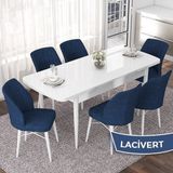 Canisa Concept Nef Serisi 70X114 Açılabilir Mdf Mutfak Masa Takımı Beyaz Masa ve 6 Sandalye - Lacivert