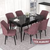 Canisa Concept Nef Serisi 70X114 Açılabilir Mdf Siyah Mermer Desen Mutfak Masa Takımı 6 Sandalye - Gülkurusu