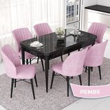 Canisa Concept Nef Serisi 70X114 Açılabilir Mdf Siyah Mermer Desen Mutfak Masa Takımı 6 Sandalye - Pembe