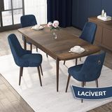 Canisa Concept Nex Serisi, Barok Ahşap Desen 80 x 132 cm Mdf Mutfak Masası Takımı Metal Iskelet, 4 Sandalye Gold Halka - Lacivert