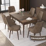 Canisa Concept Nex Serisi, Barok Ahşap Desen 80 x 132 cm Mdf Mutfak Masası Takımı Metal Iskelet, 6 Sandalye Gold Halka - Kahverengi