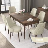 Canisa Concept Nex Serisi, Barok Ahşap Desen 80 x 132 cm Mdf Mutfak Masası Takımı Metal Iskelet, 6 Sandalye Gold Halka - Krem