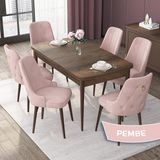 Canisa Concept Nex Serisi, Barok Ahşap Desen 80 x 132 cm Mdf Mutfak Masası Takımı Metal Iskelet, 6 Sandalye Gold Halka - Pembe