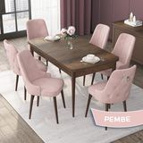 Canisa Concept Nex Serisi Barok Ahşap Desen 80 x 132 cm Mdf Mutfak Masası Takımı Metal Iskelet 6 Sandalye Gümüş Halka - 80x132 - Pembe