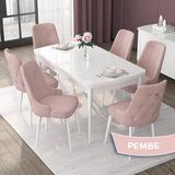 Canisa Concept Nex Serisi, Beyaz 80 x 132 cm Mdf Mutfak Masası Takımı Metal Iskelet, 6 Sandalye Gold Halka - Pembe