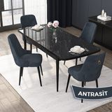 Canisa Concept Nex Serisi, Siyah Mermer 80 x 132 cm Mdf Mutfak Masası Takımı Metal Iskelet, 4 Sandalye Gold Halka - Antrasit