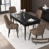Canisa Concept Nex Serisi, Siyah Mermer 80 x 132 cm Mdf Mutfak Masası Takımı Metal Iskelet, 4 Sandalye Gold Halka - Kahverengi
