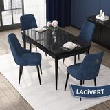 Canisa Concept Nex Serisi, Siyah Mermer 80 x 132 cm Mdf Mutfak Masası Takımı Metal Iskelet, 4 Sandalye Gold Halka - Lacivert