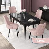 Canisa Concept Nex Serisi, Siyah Mermer 80 x 132 cm Mdf Mutfak Masası Takımı Metal Iskelet, 4 Sandalye Gold Halka - Pembe