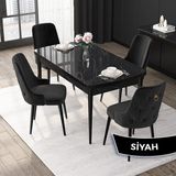 Canisa Concept Nex Serisi, Siyah Mermer 80 x 132 cm Mdf Mutfak Masası Takımı Metal Iskelet, 4 Sandalye Gold Halka