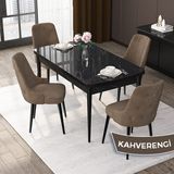 Canisa Concept Nex Serisi Siyah Mermer 80 x 132 cm Mdf Mutfak Masası Takımı Metal Iskelet 4 Sandalye Gümüş Halka - 80x132 - Kahverengi