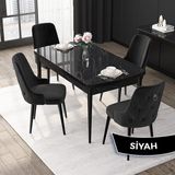 Canisa Concept Nex Serisi Siyah Mermer 80 x 132 cm Mdf Mutfak Masası Takımı Metal Iskelet 4 Sandalye Gümüş Halka - 80x132