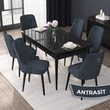 Canisa Concept Nex Serisi, Siyah Mermer 80 x 132 cm Mdf Mutfak Masası Takımı Metal Iskelet, 6 Sandalye Gold Halka - Antrasit
