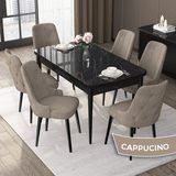 Canisa Concept Nex Serisi, Siyah Mermer 80 x 132 cm Mdf Mutfak Masası Takımı Metal Iskelet, 6 Sandalye Gold Halka - Cappucino