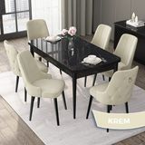 Canisa Concept Nex Serisi, Siyah Mermer 80 x 132 cm Mdf Mutfak Masası Takımı Metal Iskelet, 6 Sandalye Gold Halka - Krem