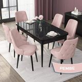 Canisa Concept Nex Serisi, Siyah Mermer 80 x 132 cm Mdf Mutfak Masası Takımı Metal Iskelet, 6 Sandalye Gold Halka - Pembe