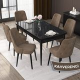 Canisa Concept Nex Serisi Siyah Mermer 80 x 132 cm Mdf Mutfak Masası Takımı Metal Iskelet 6 Sandalye Gümüş Halka - 80x132 - Kahverengi