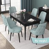 Canisa Concept Nex Serisi Siyah Mermer 80 x 132 cm Mdf Mutfak Masası Takımı Metal Iskelet 6 Sandalye Gümüş Halka - 80x132 - Su Yeşili