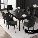 Canisa Concept Nex Serisi, Siyah Mermer 80X132 Mdf Mutfak Masası Takımı Metal Iskelet, 6 Sandalye Gümüş Halka