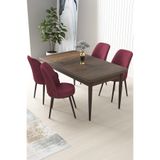 Canisa Concept Nil Serisi 70x110 cm Sabit Mutfak Masası Takımı, Barok Ceviz Desenli Masa, 4 Bordo Sandalye