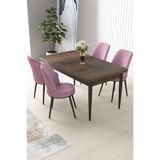 Canisa Concept Nil Serisi 70x110 cm Sabit Mutfak Masası Takımı, Barok Ceviz Masa, 4 Pembe Sandalye
