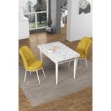 Canisa Concept Nil Serisi 70x110 cm Sabit Mutfak Masası Takımı, Beyaz Mermer Desen Masa, 2 Hardal Sandalye